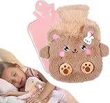 Wärmflasche Kinder, Wärmflasche Flauschig mit Bezug Kleine Bären Niedlich Wärmflaschen Abnehmbare und Waschbare Handwärmer für Kinder Babys(Braun)