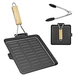 AWAOVV Steakpfanne Gusseisen,23x23cm Grillpfanne mit Klappbarem Holzgriff und Lebensmittelclips,Klappbarer Gusseiserne Pfanne, Antihaftbeschichtet Grillplatte Induktion Fischpfanne Eckige Pfanne