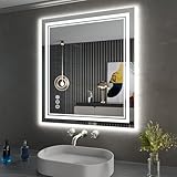 ISTRIPMF LED Badspiegel 71,1 x 81,3 cm, Frontlicht und Hintergrundbeleuchtung, Memory-Spiegel, verstellbar und bruchsicher, für Badezimmer
