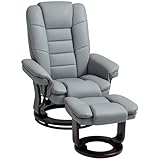 HOMCOM Sessel mit Fußstütze, neigbar um 135°, ergonomischer Drehsessel mit Hocker, Kopfstütze und Armlehnen aus PU-Leder für Schlafzimmer, Büro, Wohnzimmer und Wohnzimmer, 85 x 82 x 106 cm, Grau