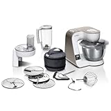 Bosch Küchenmaschine Serie 4 MUM5XW20, Edelstahl-Schüssel 3,9 L, integrierte Waage, Mixer 1,25 L, Profi-Knethaken, Schnee-, Silikonbesen, Durchlaufschnitzler, 4 Scheiben, 1000 W, Weiß/Silber