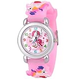 OFFCUP Kinderuhr, Kinder Uhren Analog, 3D Cartoon Lernuhr Quarzwerk, Silikon Uhrenarmband, 3 Jahre bis 11 Jahre, Armbanduhr Mädchen Junge Kinder analoge Quarzuhr -Hellrosa Einhorn