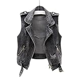 BINDT Ärmellose Jeansweste für Damen, große Größe S-5XL, Punk, schwarz, zerrissen, Gewaschene Jeansweste, Jeans, Reißverschluss, Bandage, Kurze Jeansweste,Grau,3XL