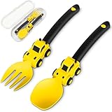 Silikon Baby Besteck, 2-Teiliges Baby Besteck ab 1 Jahr, Spoon and Fork Set for Besteck Set, Halloween-Geburtstagsgeschenk, Esslernlöffel baby mit Aufbewahrungsbox (Gelb)