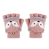 Halbfinger-Flip-Handschuhe für Kinder Unisex Cartoon Plüsch Fuchs Handschuhe Winter warme hautfreundlich Strickhandschuhe Klienkind süße Fäustlinge mit Knöpfen für 6-10 Jahre alte Jungen Mädchen