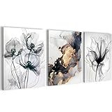 Novart Wandbilder Set Blumen Abstrakt - KOMPLETT AUFHÄNGFERTIG - Wohnzimmer Schlafzimmer Flur Deko - 3 Moderne Bilder Gold Grau Schwarz - N032535b