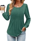 Celadyen Tunika Damen Langarm T-Shirt Rundhals Pleated Tuniken Longshirts Leicht Pullover Bluse Longsleeve Oberteile Lässig Einfarbig Elegant Langarmshirts, Grün M