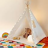 ALRITHO® Tipi Zelt für Kinder aus 100% Baumwolle inkl. Kuschelmatte, Tragetasche & Stabilisator | Spielzelt [weiß] | Spielhaus für drinnen & draußen | Teepee Kinderzelt für Jungen & Mädchen