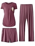 SUNNYBUY Damen Umstandsmode Stillpyjama-Set, Kurzarm-Stillshirts, Schwangerschafts-Shorts und Hosen, 3-teiliges Stillpyjama-Set, Dunkelrot L