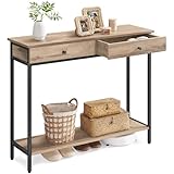 VASAGLE Konsolentisch, Flurtisch, Beistelltisch, Sofatisch mit 2 Schubladen, Stahlgestell, Flur, Wohnzimmer, Industrie-Design, Kamelbraun-tintenschwarz LNT015W01