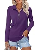 TICTICMISS Damen Langarmshirts Viertelreißverschluss Pullover Kragen V-Ausschnitt Tops Herbst Blusen, A-dark purple, XX-Large