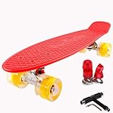 FunTomia 57cm Mini-Cruiser Board Skateboard mit oder ohne LED Leuchtrollen inkl. Aluminium Truck, ABEC-9 Kugellager und T-Tool (Rot mit gelbe LED Rollen)