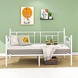 VERFARM Tagesbett Bettgestell 90x200 cm Bett, Einzelbett Schlafsofa mit Lattenrost für Gästezimmer Jugendbett, Metallbett Tagesbett Bettrahmen für Schlafzimmer Wohnzimmer, Weiß