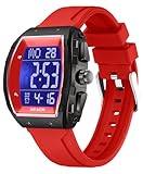 findtime Tonneau Herren-Armbanduhr, digital, wasserdicht, taktisch, Militär, große Ziffern, LED-Alarm, Herrenuhr, Kalender, Silikonband, rot, Armband
