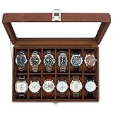 KILHS Uhrenbox mit 12 Fächern, Uhrenkasten mit Glasdeckel, Watch Box mit herausnehmbarer Unterlage, Metallverschluss, Geschenk, Braunes Kunstleder, Braunes Innenfutter