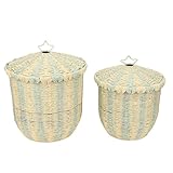 Omabeta Wäschekorb aus Rattan, Vintage-Stil, Gewebter Spielzeugkorb für Kleidungsorganisation, mit Deckel, Robustes Material, für Wohnzimmer, Schlafzimmer, Grün, groß,