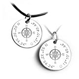 Kompass Kette mit Gravur, Runder 925 Silber Anhänger mit Lederband oder Silberkette, Koordinaten, Wunschtext, Personalisiertes Geschenk