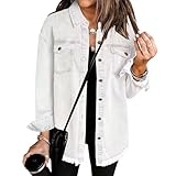Jeansjacke für Damen, schmale Passform, Denim-Jacke, Retro, lockeres Revers, lange Ärmel, Knopfgewaschen, Street-Trend, ausgefranster Saum, weiß, S