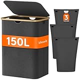 Lifewit 150L Wäschekorb mit Deckel, Wäschesammler 3 Fächer, Wäschebox Groß,Wäschesortierer, Wäschetonne,Wäsche Sortieren, Wäschebehälter,Laundry Baskets für Wäschekammer, Bad, Schlafzimmer,Dunkelgrau