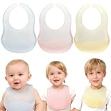 ORAGKE 3er Silikon Lätzchen Baby Abwaschbar Superleichte, Baby Lätzchen Silikon Verstellbare, Lätzchen mit Auffangschale Wasserdicht, Babylätzchen BPA-frei, Fütterlätzchen für Babys (Rosa/Gelb/Blau)