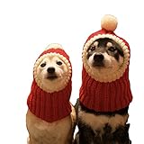 DELIFUR Lustige Weihnachtshundemütze mit Pompon Gehäkelter Snood Hundehut Rot Warme Winterhundemütze Strick Snood Kopfbedeckung für Haustiere & Frauen & Mann(Rot,XL)