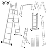 Ollewiellan Mehrzweckleiter 7 in 1 Multifunktionsleiter Alu Leiter 470cm 4x4 Stufen bis 150 kg mit 2 Gerüstplatten und Transport Rollen, Gelenkleiter Klappleiter Haushaltsleiter