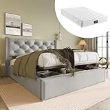 Boxspringbett Doppelbett Polsterbett 160*200CM, Bett mit Lattenrost aus Metallrahmen & Bettkasten, Hydraulisch Stauraumbett mit Großer Stauraum & höhenverstellbares Kopfteil (Mit Matratze, Hellgrau)