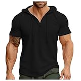 Generisch Hoodie Herren Sweatshirt mit Kapuze Kurzarm V Ausschnitt Laufshirt Pullover mit Kodelzug und Knopf Atmungsaktiv Leicht Sportshirt Bequem Trainingsshirt Slim Fit Muskelshirts