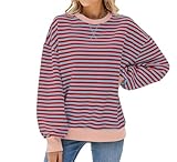 TUANMOZI Damen Sweatshirt Gestreifter Pullover Oversized Langarmshirt Rundhalsausschnitt Y2K-Shirt Casual Teenager Mädchen Shirts (DE/NL/SE/PL, Alphanumerisch, L, Regular, Regular, Rot&Grau)