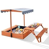 Holz-Sandkasten mit Deckel, Kinder-Sandkasten mit Abdeckung, Outdoor-Sandpid, faltbarer Picknicktisch, Upgrade-Baldachin und verstellbarer Höhe, Dachbodenauskleidung im Lieferumfang enthalten
