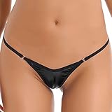 inlzdz Damen Mikro Tanga Mini Slip Leder G-String Thong Wetlook Dessous Sexy Unterwäsche Ouvert-Panties Lingerie Reizwäsche in Glänzend Bikinihose Schwarz One Size