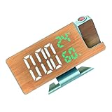 Elnwnnkc Multifunktionaler LED-Projektionswecker mit Holzmuster und großem Bildschirm, Temperatur- und Feuchtigkeitsanzeige, für Home Office