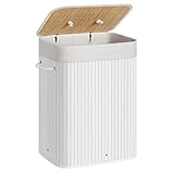 SONGMICS Wäschekorb mit Deckel, 72 l, Wäschekorb aus Bambus, faltbar, mit abnehmbarem waschbarem Wäschesack, Griffen, für Waschküche, Schlafzimmer, Weiß LCB010W01