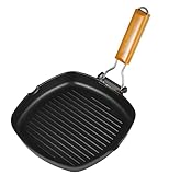 Innovacook 24 cm Induktion Grillpfanne mit klappbarem Holzgriff - Aluminiumguss Antihaft-Grillpfanne für Gas- & Induktionsherde - Ideal für Camping, BBQ, Steak, Burger