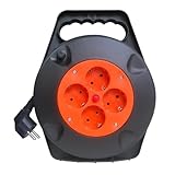 Kabeltrommel mit 4 Steckdosen und 3 g x 1,5 mm Kupferkabel, ideal für den Heimgebrauch. Mit Sicherheitsthermostat und belastbar bis 3250 W. Praktisch und sicher.
