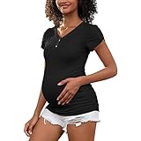 Umstands-Shirts, Tops, V-Ausschnitt, Umstandsbluse, Blütenblatt, kurzärmelig, Schwangerschafts-T-Shirt, seitlich gerüscht, Umstands-Shirt, Knopfleiste, Schwarz, Mittel