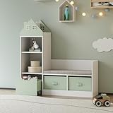[en.casa] Kindersitzbank mit Regal Vipsali Sitzbank mit Stauraum Hausoptik Kinderregal mit 2 Aufbewahrungsboxen Kinderzimmer 100 x 99 x 30 cm Schuhbank mit Sitzfläche Mintgrün/Weiß