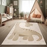 Paco Home Kinderteppich Moderner Spielteppich Kinderzimmer 3D-Effekt Naturtöne weicher Flor robust & pflegeleicht Schlingenstruktur Dino-Motiv Beige Creme Charcoal, Grösse:80x150 cm
