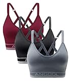 ANGOOL Sport BH Damen Einstellbarer Schultergurt Sport Bustier Damen Gepolstert Starker Halt Nahtlose Joggen Yoga Fitness Bra, 3er Pack, Schwarz + grau + rot, L