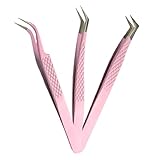 Luwigs Wimpernverlängerungspinzette, 3 Stück, Edelstahlfaserspitzen-Pinzetten für Wimpernverlängerung, hohe Präzision, professionelles Pinzetten-Set, Volumenpinzette (Rosa)