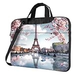 Mexpekil Laptoptasche mit Gurt, Motiv: rosa Kirschblüten, Eiffelturm, Kuriertasche, Computer-Aktentasche, mehrfarbig, 13 inch