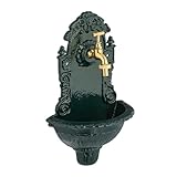 Relaxdays Wandbrunnen, mit Wasserhahn, antik, Waschbecken Garten, Aluminiumguss, HxBxT: 40 x 24,5 x 15 cm, grün/Gold