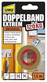 UHU Doppelband Extrem, Extrem hohe Klebekraft von 120 kg/ Rolle, 1,5 m x 19 mm