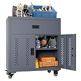 KAER Metall Garagenaufbewahrungsschrank mit Rollen Werkzeugkommode mit Schublade 2 Türen und verstellbarem Regal Industriestil Werkzeugschränke für Lagergarage Keller Werkstatt - Montage erforderlich
