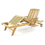 SONLEX Sonnenliege unbehandelt Natur Gartenliege Relax-Liege Teak-Holz inkl. Räder Tablett – Lehne & Fußteil verstellbar – Pool-Liege Bäder-Liege