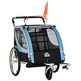 HOMCOM 2 in 1 Kinderanhänger klappbar Fahrradanhänger mit abnehmbarem Vorderrad, Hinterradbremsen, Kinderfahrradanhänger für 2 Kinder ab 18 Monate, bis 26,4 kg belastbar, Blau