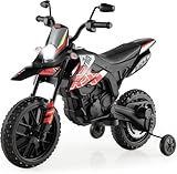 FANTASK Aprilia 12V Elektromotorrad für Kinder 5,5-6 km/h, Kindermotorrad mit Stützrädern & Musik & Scheinwerfer, Rote und Schwarze Motorrad für Kinder von 3 bis 8 Jahren, Rot