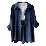 Musselin Zweiteiler Damen Outfit Set Musselin Bluse Shorts Musselin 2 Teiler Kleidung für Damen Elegant Strand Urlaub Loungewear Set Freizeitanzug Leicht Two Piece Mit Oberteil Zweiteiler (Navy-2, S)