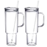 Autsel 2er Set Trinkbecher mit Deckel und Strohhalm, 40oz Trinkflasche Plastik mit Henkel, Doppelwandiger Vakuum Kaffeebecher to Go, Tragbare Auto Becher