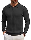 COOFANDY Herren Polokragen Pullover Langarm Feinstrick Polo Strickpullover Basic Einfarbig Männer Pulli Poloshirt Schwarz L